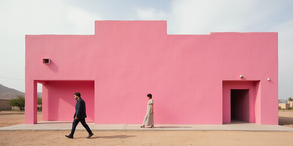 a pink building with a man walking in front of it and a woman walking by it in front of it, David Al