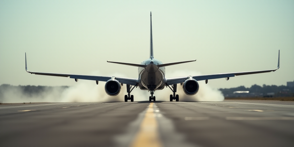 a plane is on the runway at an airport with smoke coming out of it's engines and landing gear, Aníb