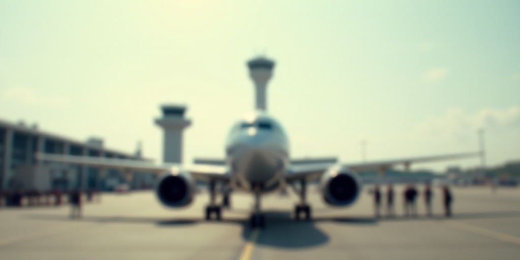 a plane is parked at an airport with a tower in the background and people standing around it on the