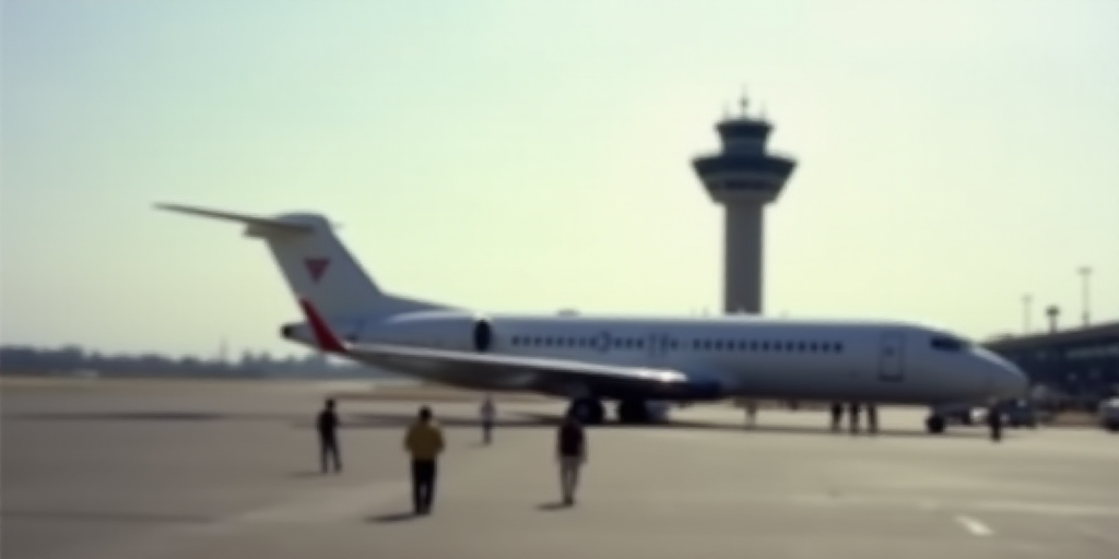 a plane is parked at an airport with a tower in the background and people standing around it on the