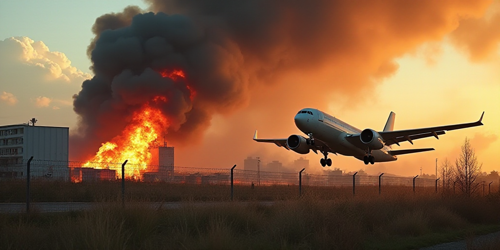 a plane that is on fire in the air near a fence and buildings in the background with smoke coming ou