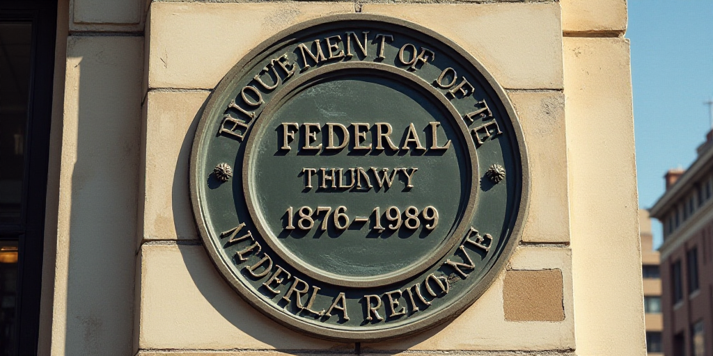 a plaque on the side of a building that says department of the federal reserve, 1876 - 1989 on it, D