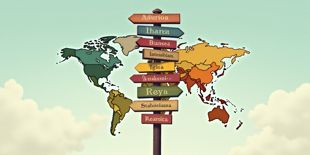 a pole with a bunch of different colored signs on it's sides and a world map in the middle, Art & La
