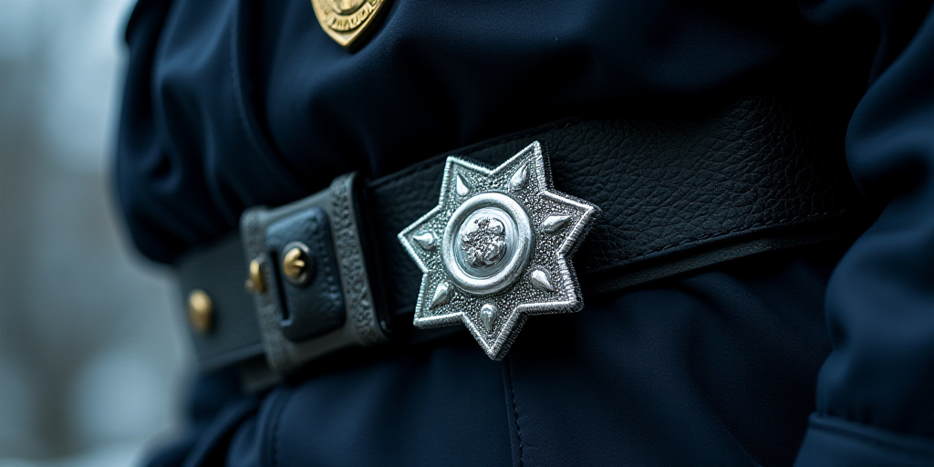 a police badge is attached to a uniform belt that is attached to a jacket with a badge on it, Ei-Q,