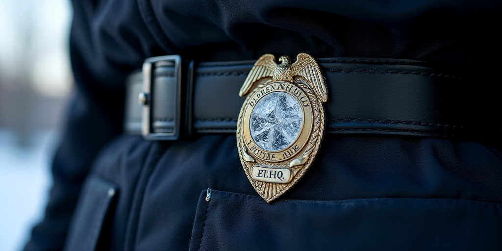 a police badge is attached to a uniform belt that is attached to a jacket with a badge on it, Ei-Q,