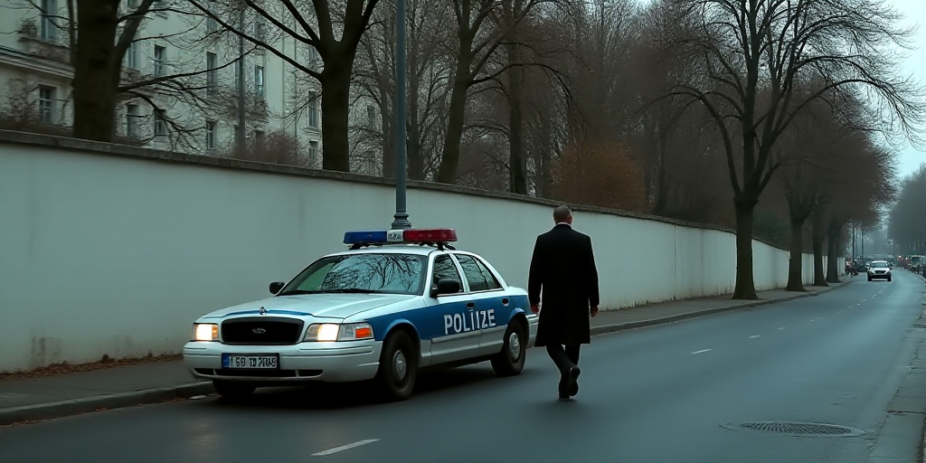 a police car parked on the side of a road next to a white wall and trees with a man in a black coat,