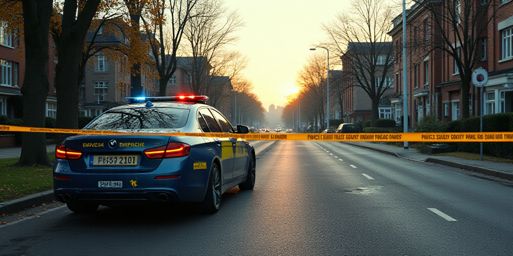a police car parked on the side of a road with police tape on it and police tape blocking the road,