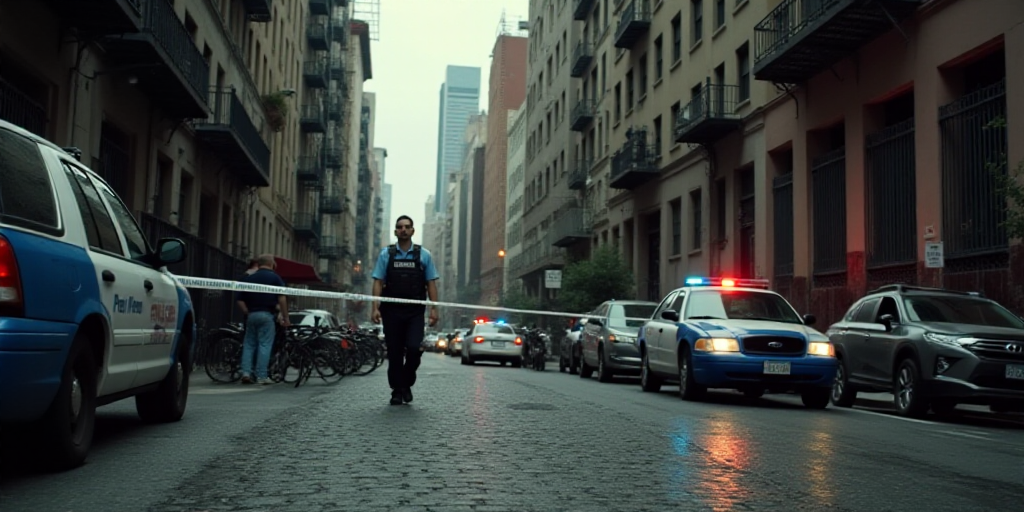 a police officer is walking near a police car and a police tape is blocking the area of a building,