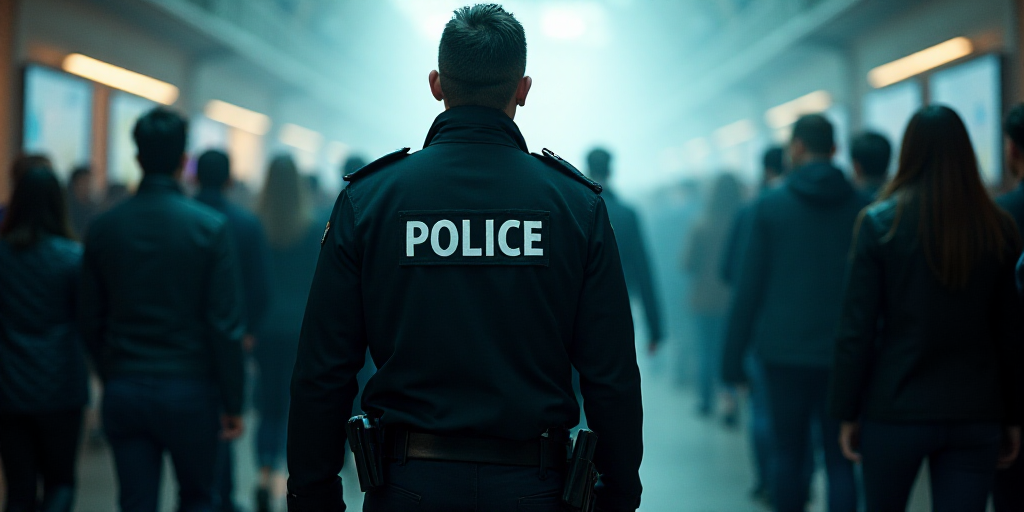 a police officer is walking through a crowd of people in a building with a sign on it that says poli