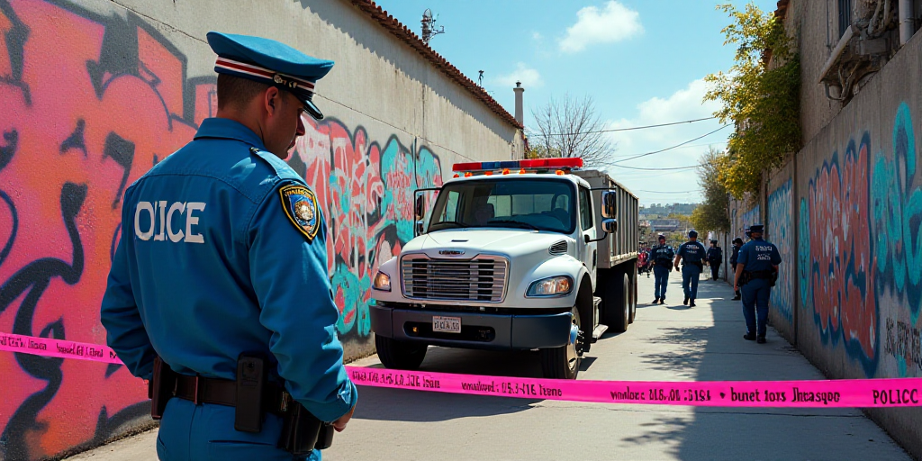 a police officer standing next to a white truck and a pink tape line with police officers behind it