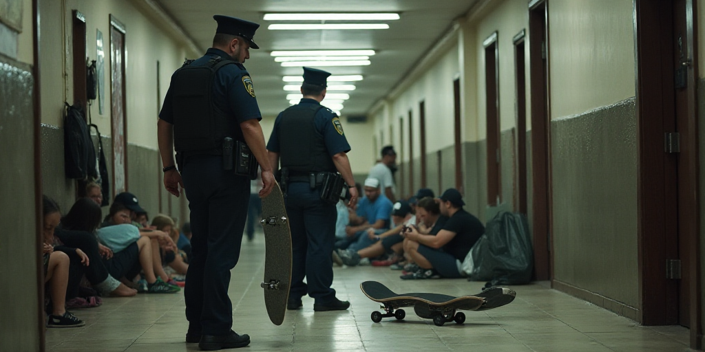 a police officer standing over a group of people on a floor with a skateboard on it's side, Carlos F