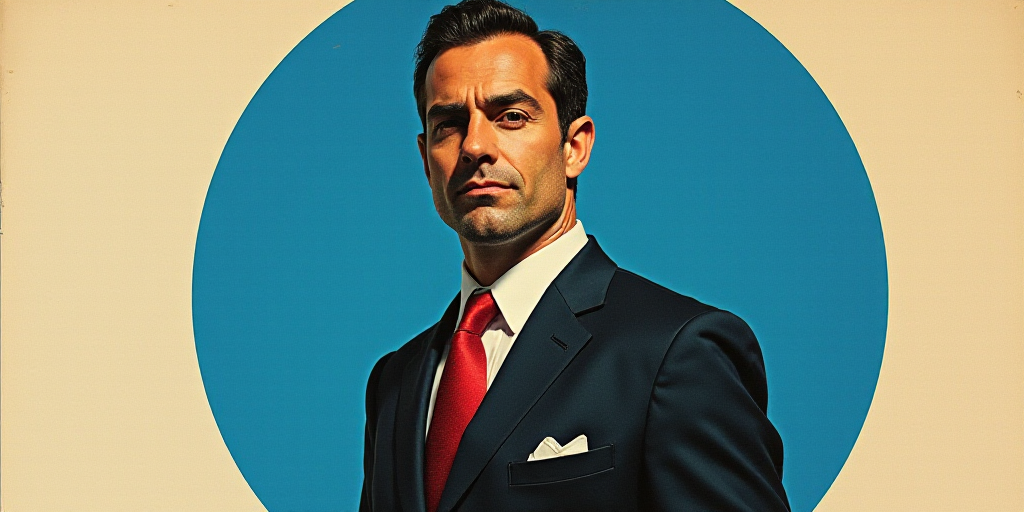 a poster of a man in a suit and tie with a blue circle around him that says opinion armanoo guanna,