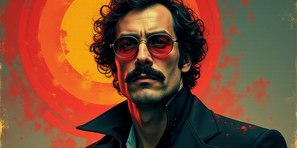 a poster with a man in glasses and a mustache on it, with the caption of a photo of a man in glasses