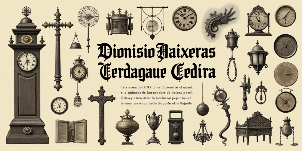 a poster with a number of different types of items on it, including a clock and a cross, and a messa