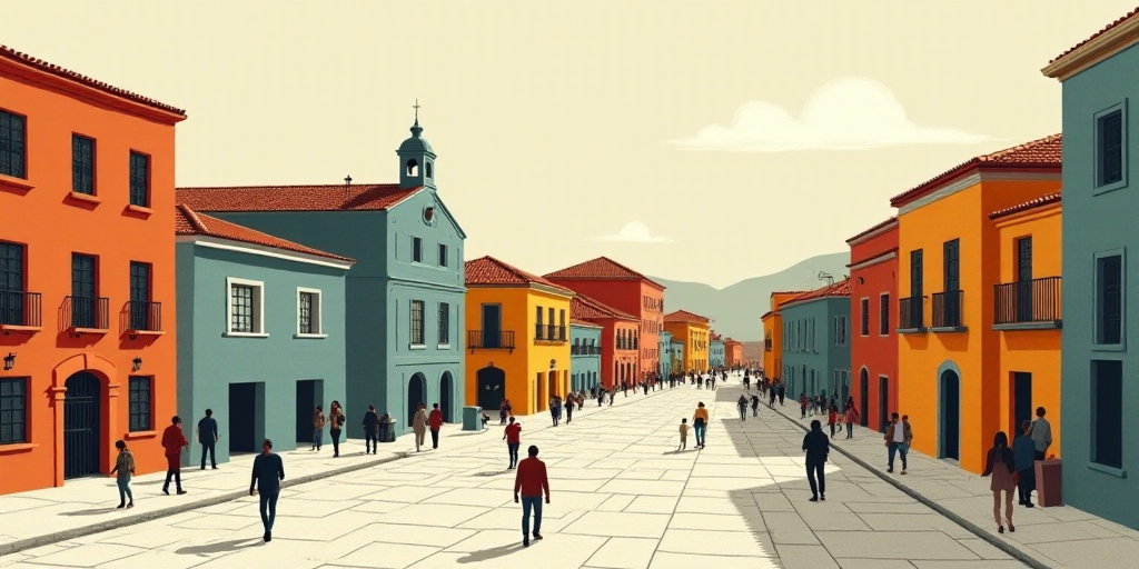 a poster with a number of different buildings in it and a number of people walking around it in span