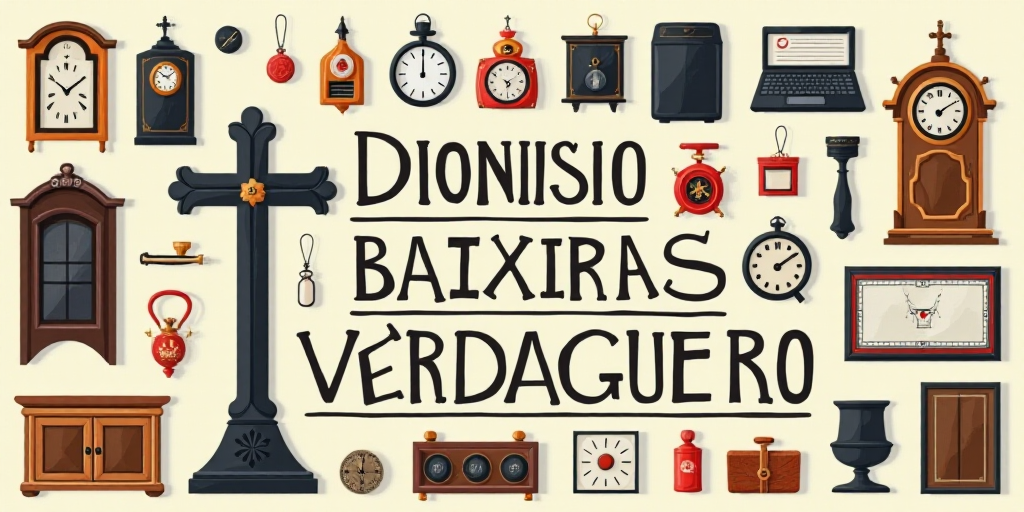 a poster with a number of different types of items on it, including a clock and a cross, and a messa