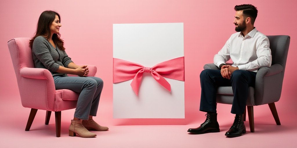 a poster with a woman in a chair and a man in a chair in the background with a pink ribbon, Ceferí