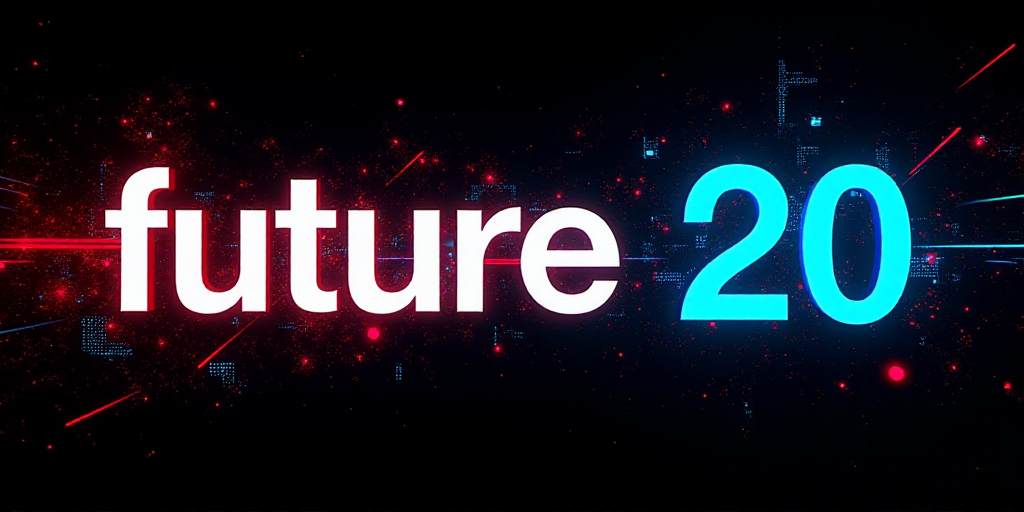 a poster with the words,'future 20'in white and blue on a black background with a red and blue patte