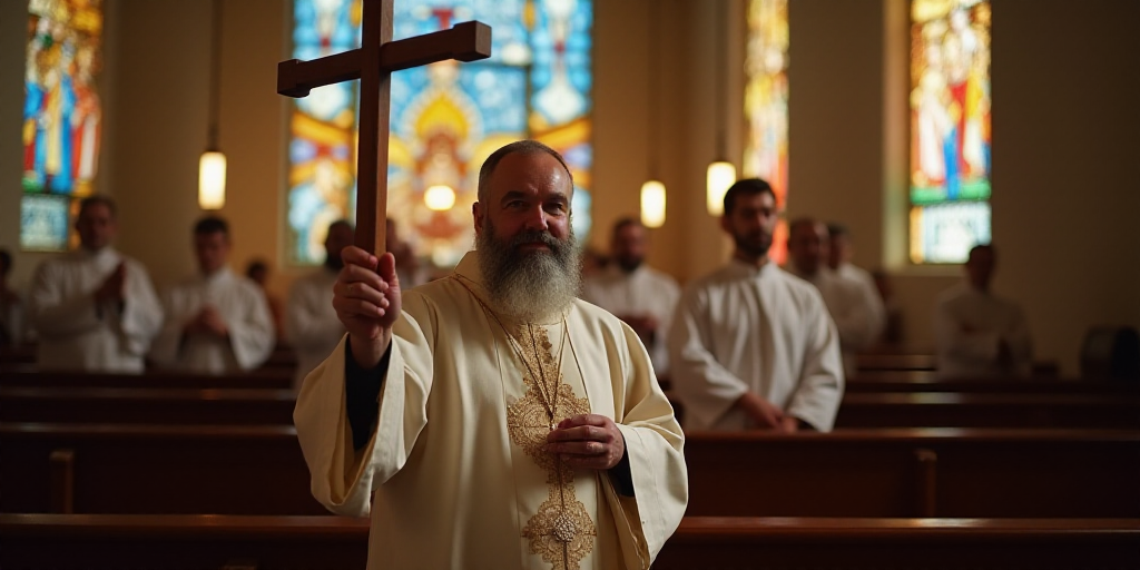 a priest holding a cross in a church with other priests in the background and stained glass windows