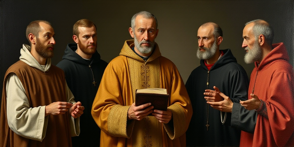a priest is holding a book while other priests stand behind him and look at him with a surprised loo