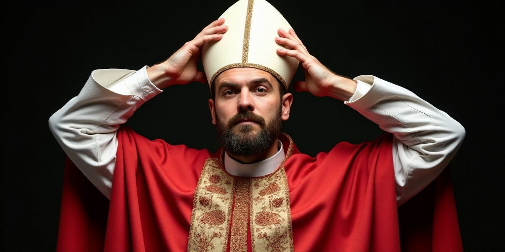 a priest is holding his head up to his head and wearing a red and white robe and a white hat, Dionis
