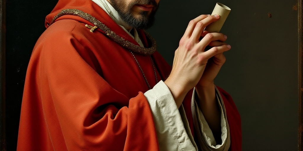 a priest wearing a red robe and a cross on his arm and holding a white paper in his hand, Dionisius,