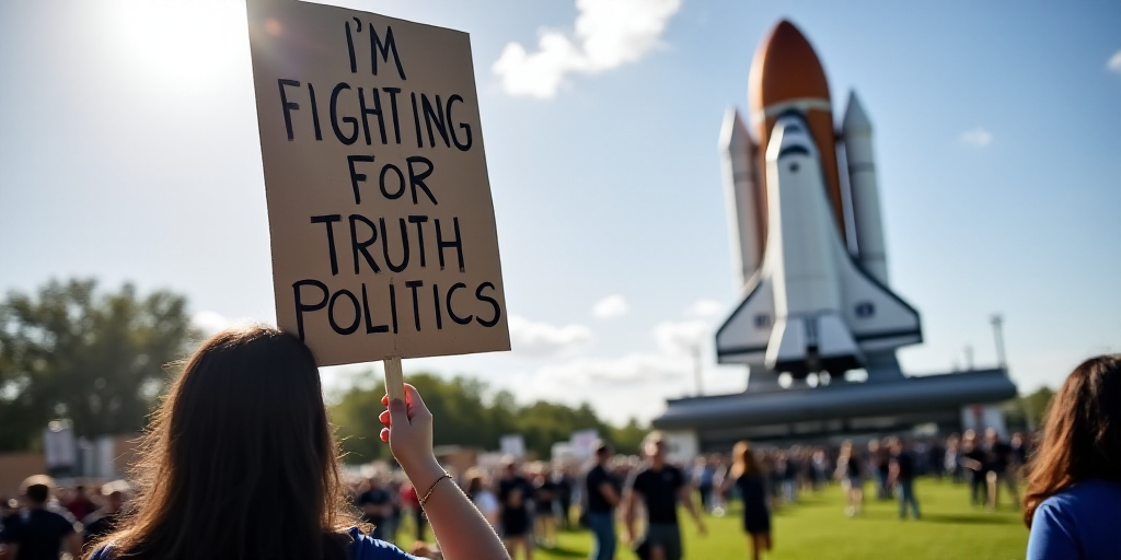 a protester holds a sign that reads i'm fighting for truth politics in front of a space shuttle, Car