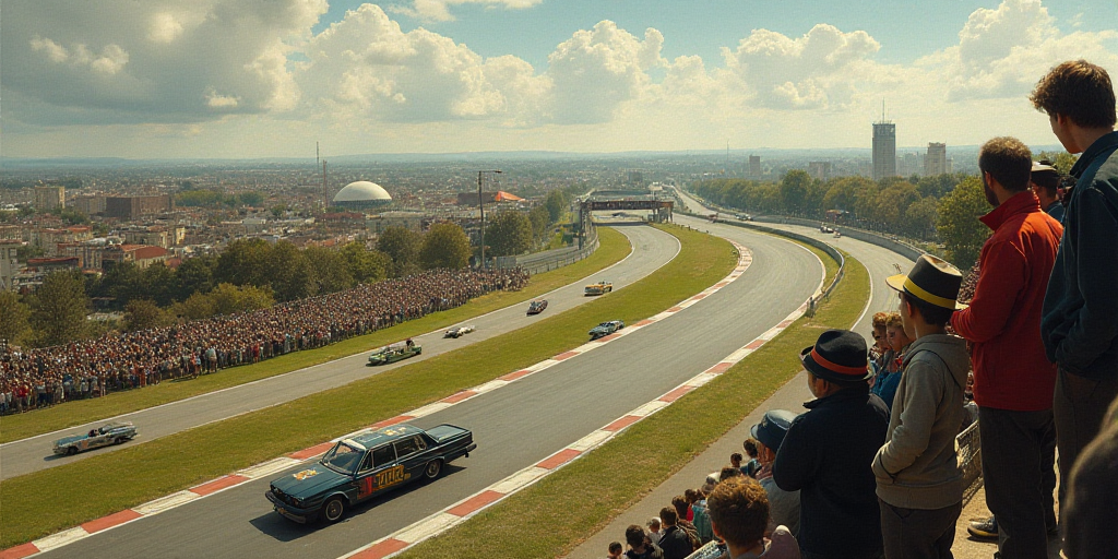 a race track with a car driving on it and people watching it from a high viewpoint of a city, Cornel