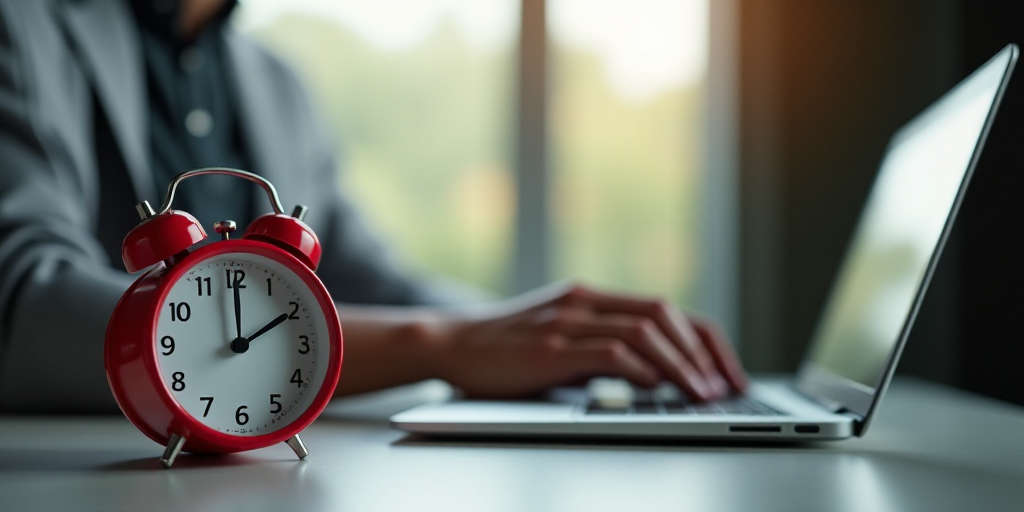 a red alarm clock sitting next to a laptop computer on a desk with a person working on a laptop, Den