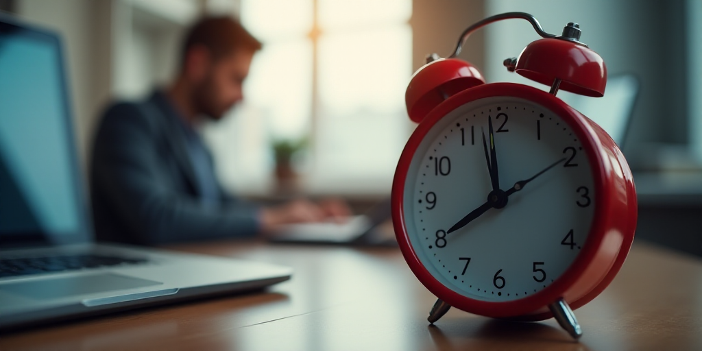 a red alarm clock sitting next to a laptop computer on a desk with a person working on a laptop, Den