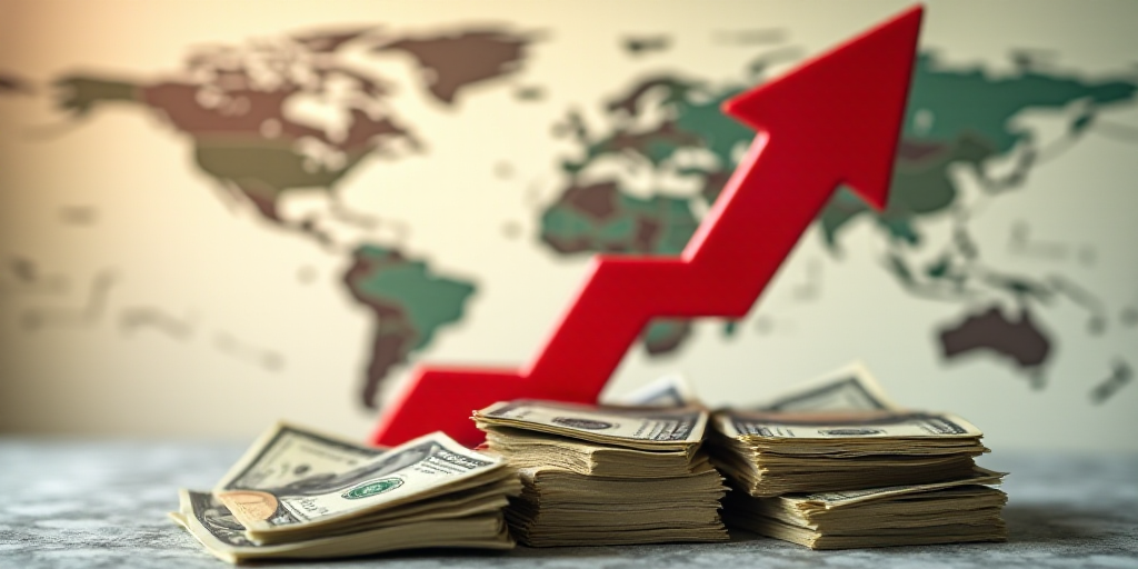 a red arrow pointing upward on top of a pile of money with a map in the background of the image, And