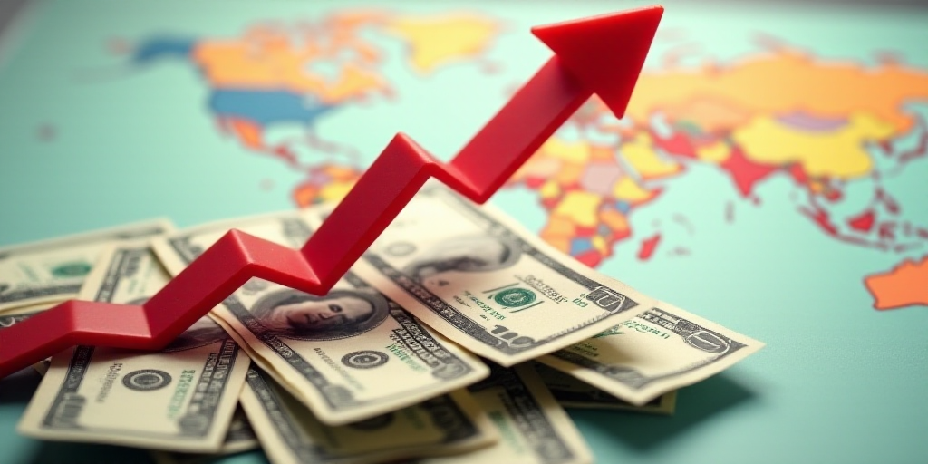 a red arrow pointing upward on top of a pile of money with a map in the background of the image, And