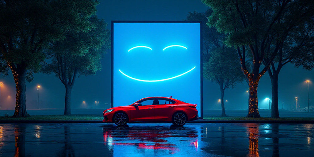 a red car is parked in front of a blue sign and trees at night time with lights on it, Cao Zhibai, i