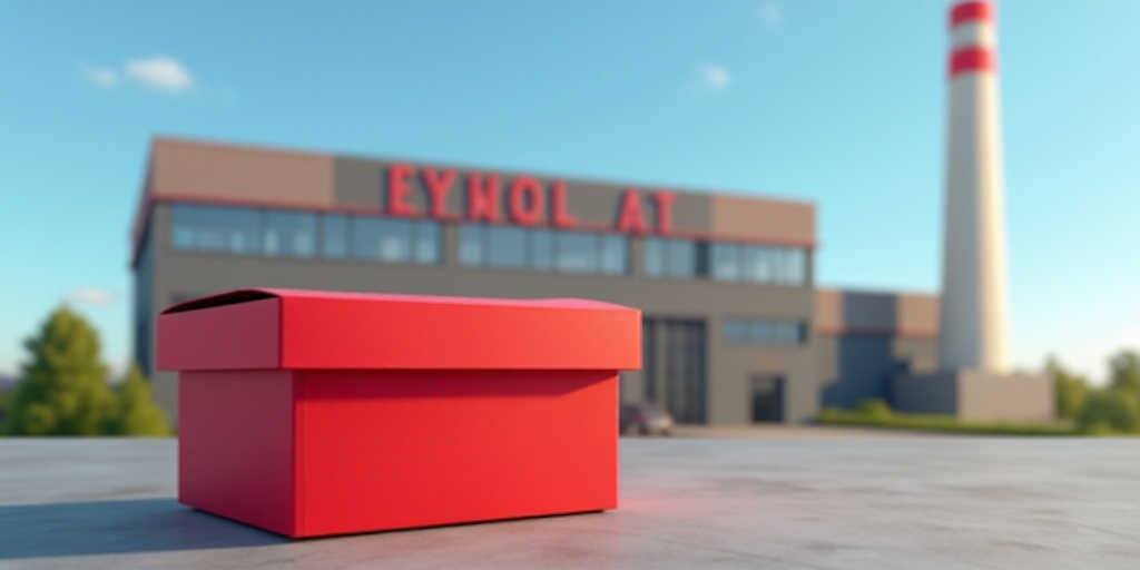a red nestle box sitting in front of a factory building with a smoke stack in the background and a b
