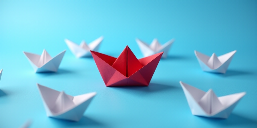 a red origami boat is surrounded by white ones on a blue background with a red one in the middle, An