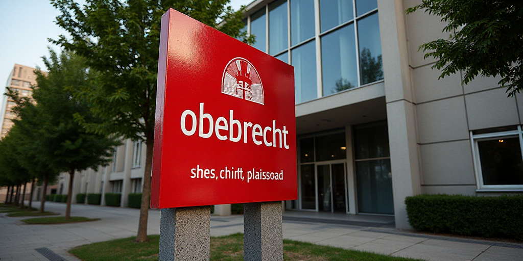 a red sign that reads obebrecht in front of a building with a tall glass window and trees, Anna Mari