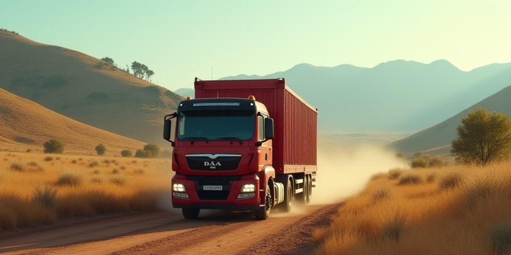 a red truck driving through a field of grass and dirt with hills in the background and trees in the