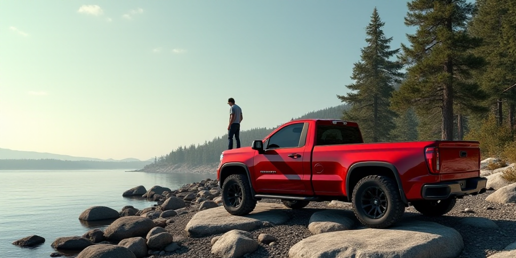 a red truck is parked on the rocks by the water and trees in the background, with a man standing in