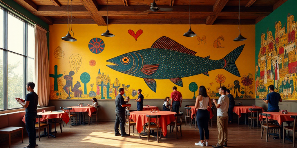 a restaurant with a large mural on the wall and people standing around the tables and chairs in the