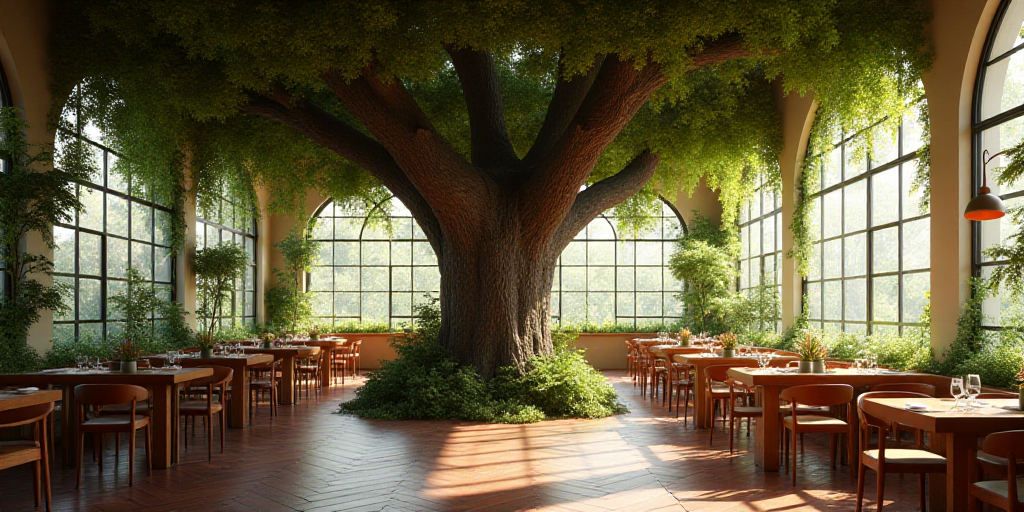 a restaurant with a large tree in the middle of the room and many tables and chairs around it with p