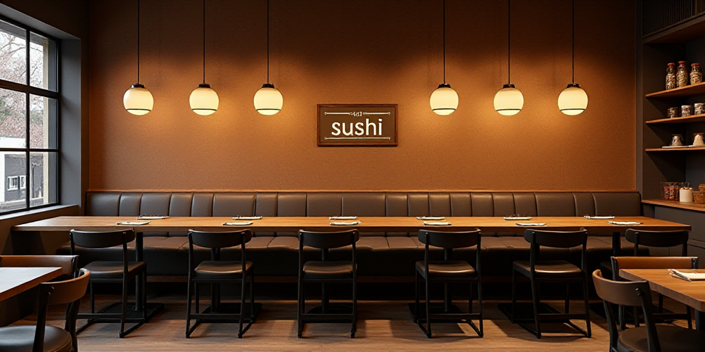 a restaurant with a long table and chairs and a wall with a sign on it that says sushi, Enguerrand Q