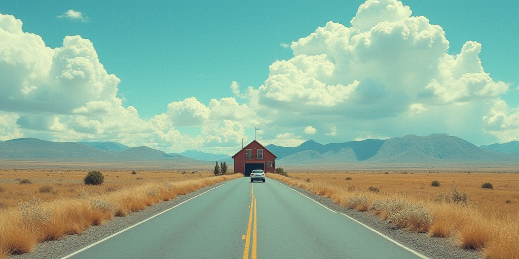 a road with a building and a car on it and a sky background with clouds and mountains in the distanc