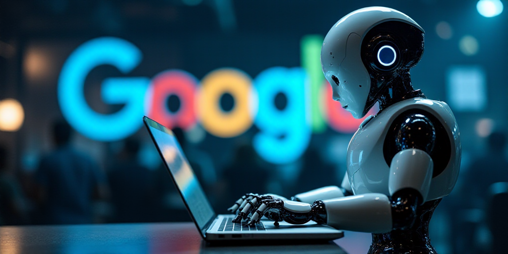 a robot is typing on a keyboard with the google logo in the background, with a glowing light behind
