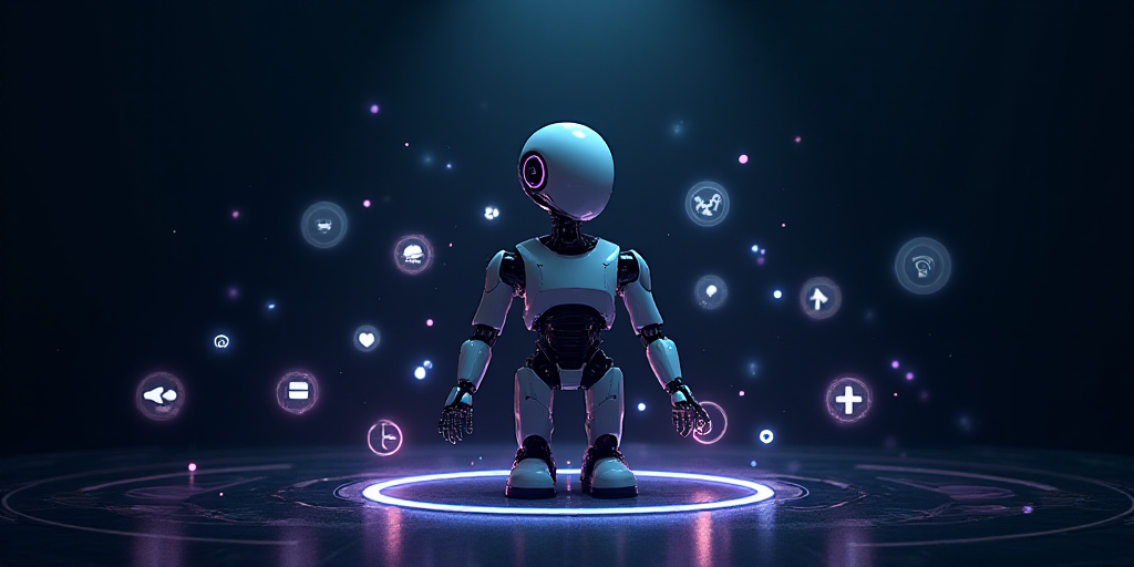 a robot with a lot of icons around it on a dark background with a blue and purple background and a b