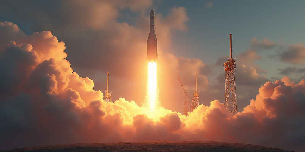 a rocket is being launched into the sky with smoke coming out of it's back end and a crane in the ba