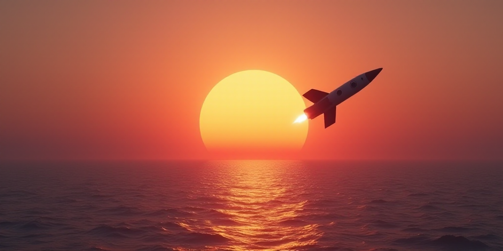 a rocket is flying over the ocean at sunset time with a view of the sun setting behind it and a view