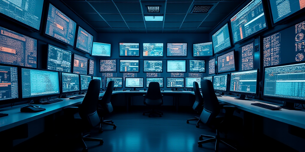 a room filled with lots of computer monitors and monitors on the walls of it's walls are lit up, And