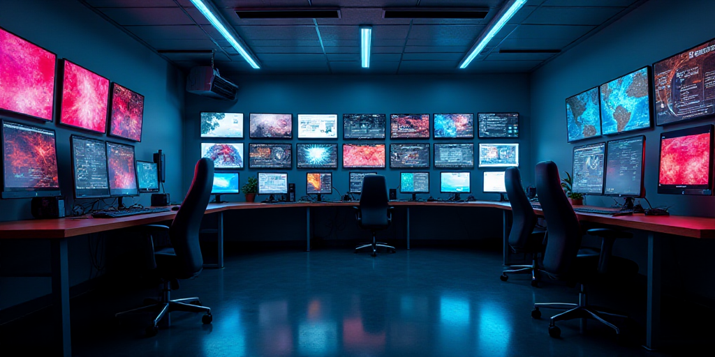 a room filled with lots of computer monitors and monitors on the walls of it's walls are lit up with