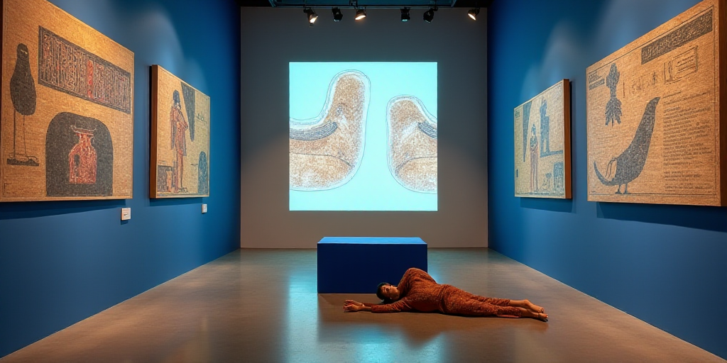 a room with a blue podium and pictures on the wall and a person laying on the floor in front of a sc