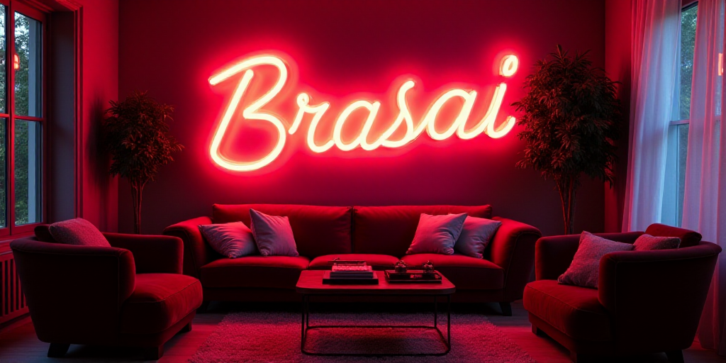 a room with a large neon sign and a couch and chairs in it and a coffee table and chairs, Brassaï,